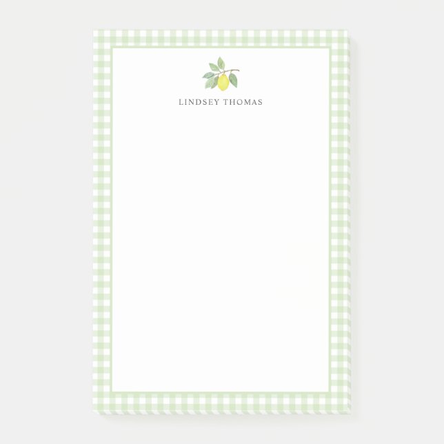 Personlig citrongrön gingham-kant post-it block (Framsida)