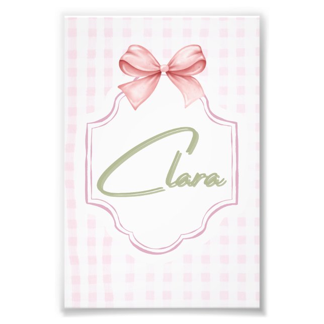 Personlig Clara Flicka Nursery Bow&Gingham Fototryck (Framsidan)