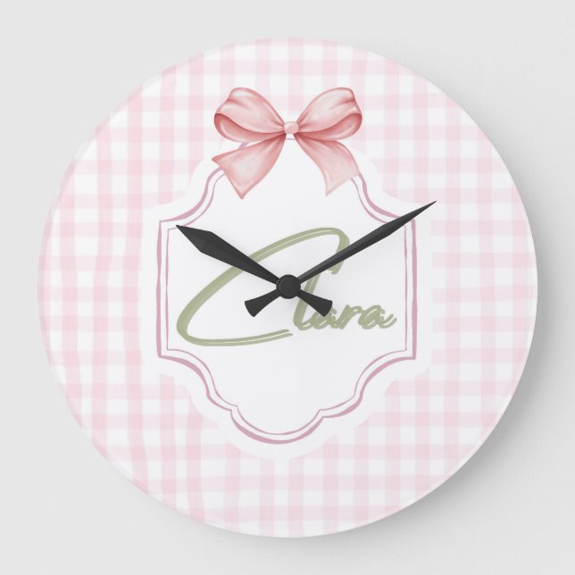 Personlig Clara Flicka Nursery Bow&Gingham Stor Klocka (Framsida)