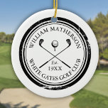 Personlig Classic Golf Klubb Namn Julgransprydnad Keramik<br><div class="desc">Dessa golfprydnadsföremål är idealiska för alla golfklubbar och klubbar. De har klassiska överstrykna golfbanor,  golfbanor boll och åldras frimärke-gräns. Anpassa med namn i klubben,  golf klubb namn och det år då golfklubben inrättades. Designad av Thisisnotme©</div>