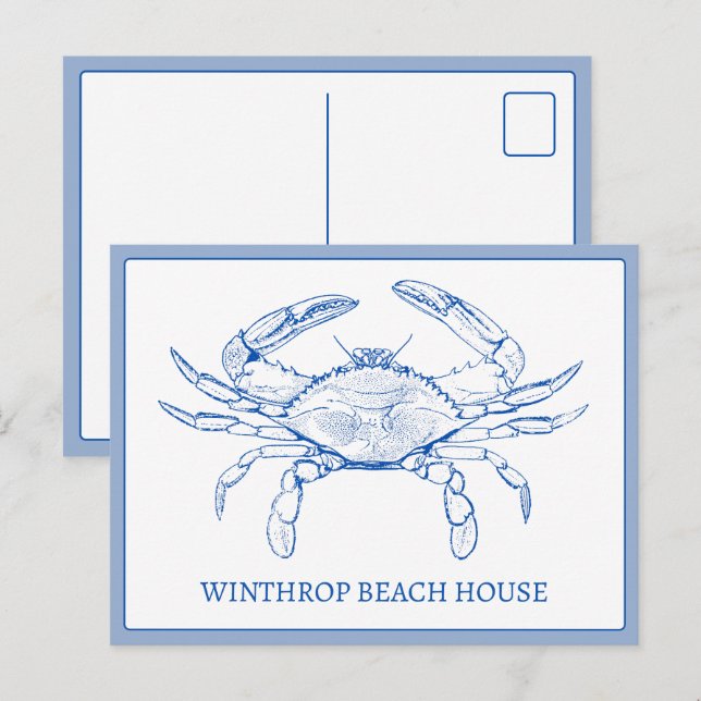 Personlig Coastal Blue and White Crab Vykort (Fram/baksida)