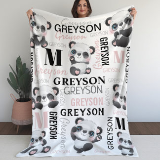 Personlig Collage Namn Panda Fleece Blanket