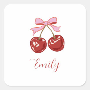 Personlig Coquette Cherry Bow Namn Fyrkantigt Klistermärke