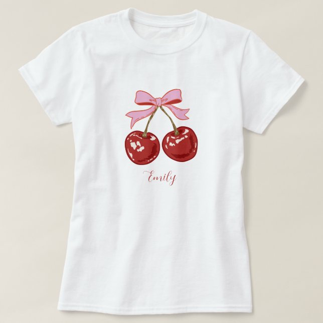 Personlig Coquette Cherry Bow Namn T Shirt (Design framsida)