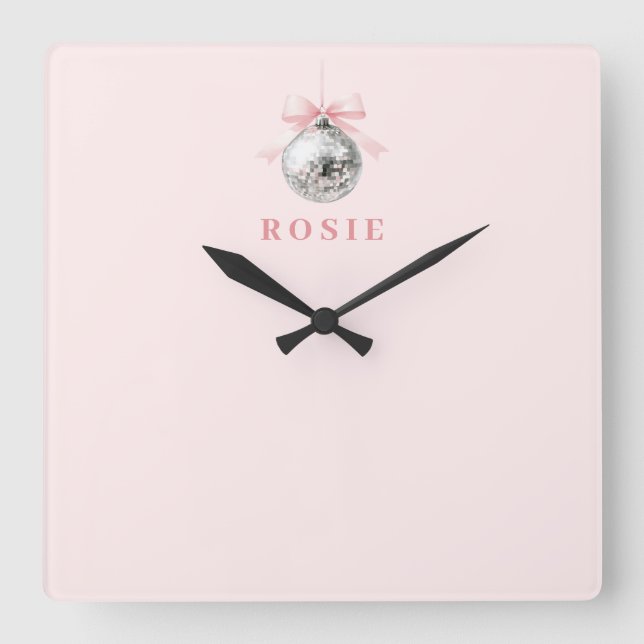 Personlig Coquette Disco Boll Rosa Ribbon Fyrkantig Klocka (Framsida)