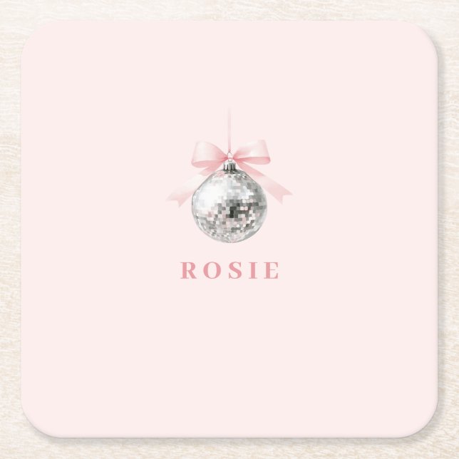 Personlig Coquette Disco Boll Rosa Ribbon Underlägg Papper Kvadrat (Framsidan)