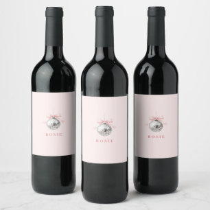 Personlig Coquette Disco Boll Rosa Ribbon Vinflaska Etikett