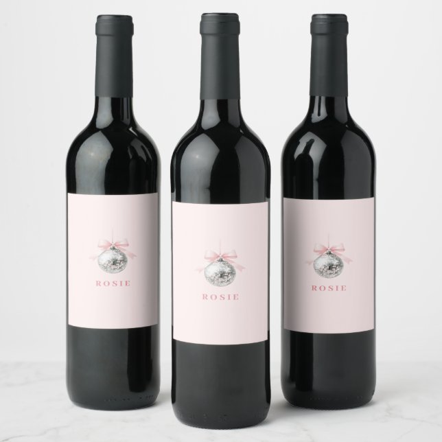 Personlig Coquette Disco Boll Rosa Ribbon Vinflaska Etikett (Flaskor)