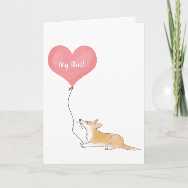 Personlig corgi & ballong tänk på dig-kort kort (Framsida)