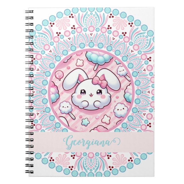 Personlig Cotton Candy Kawaii Bunny Dot Mandala Anteckningsbok (Framsidan)