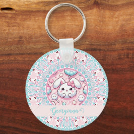 Personlig Cotton Candy Kawaii Bunny Dot Mandala Nyckelring