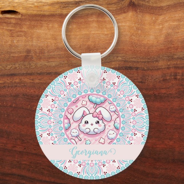 Personlig Cotton Candy Kawaii Bunny Dot Mandala Nyckelring (Framsida)