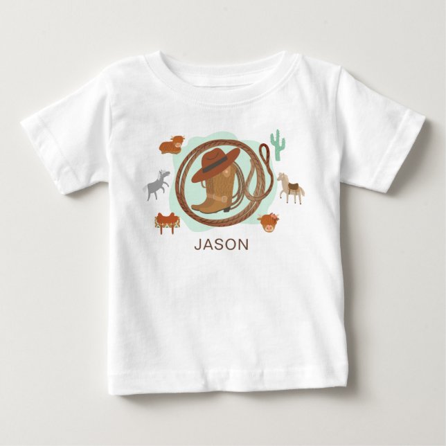 Personlig Cowboypojkens Namn Baby T-Shirt (Framsida)