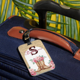 Personlig Cowgirl Rosa Blommig Monogram Bagagebricka