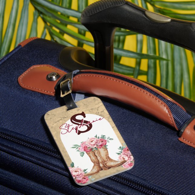Personlig Cowgirl Rosa Blommig Monogram Bagagebricka (Framsida Insitu 1)