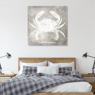 Personlig Crab Watercolor Neutralt Coastal Canvastryck