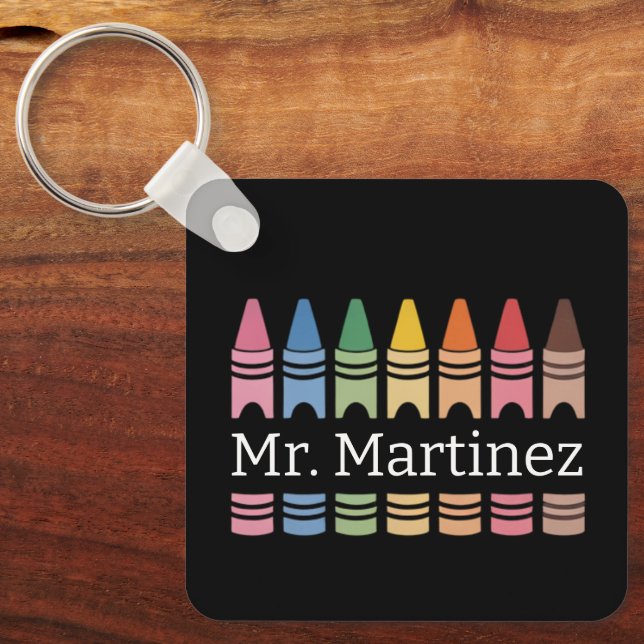 Personlig Crayon Teacher Namn Cute Back School Nyckelring (Framsida)