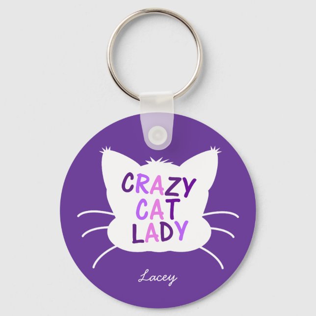 Personlig Crazy Cat Dam - Lila Nyckelring (Framsida)