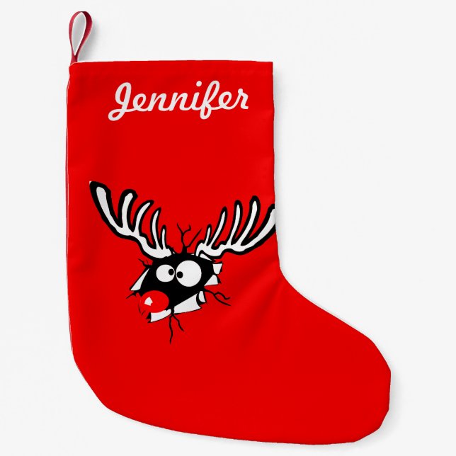 Personlig Crazy Red Nposed Reindeer Liten Julstrumpa (Framsidan)