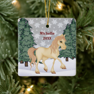 Personlig Cream Horse Winter Forest jul Julgransprydnad Keramik