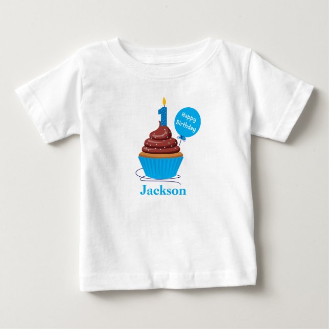 Personlig Cupcake Första Födelsedags T-shirt blå (Framsida)