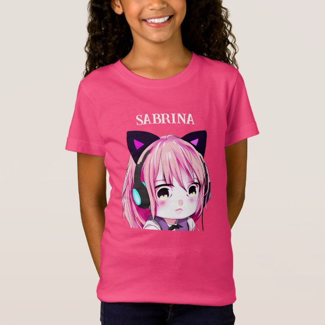 Personlig Cute Anime Girl med Cat Öron T Shirt (Framsida)