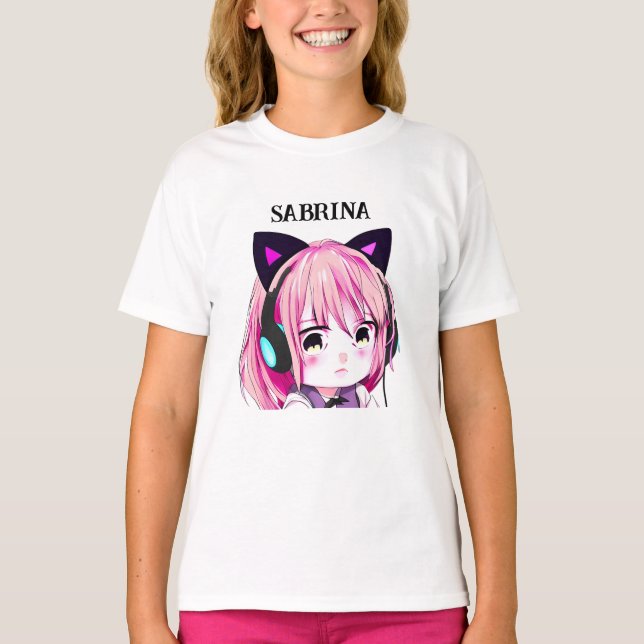 Personlig Cute Anime Girl med Cat Öron T Shirt (Framsida)