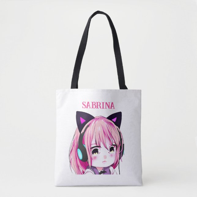 Personlig Cute Anime Girl med Cat Öron Tygkasse (Framsida)