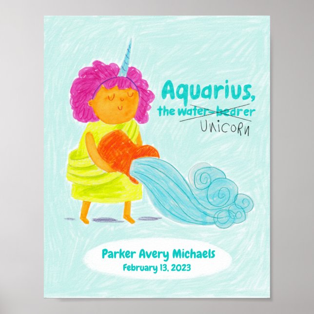 Personlig Cute Aquarius Unicorn Zodiac Poster (Framsidan)