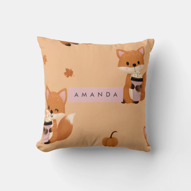 Personlig Cute Autumn Fox med kaffe Mönster Kudde (Framsida)