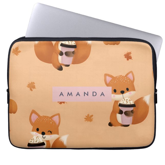 Personlig Cute Autumn Fox med kaffe Mönster Laptop Fodral (Framsidan)