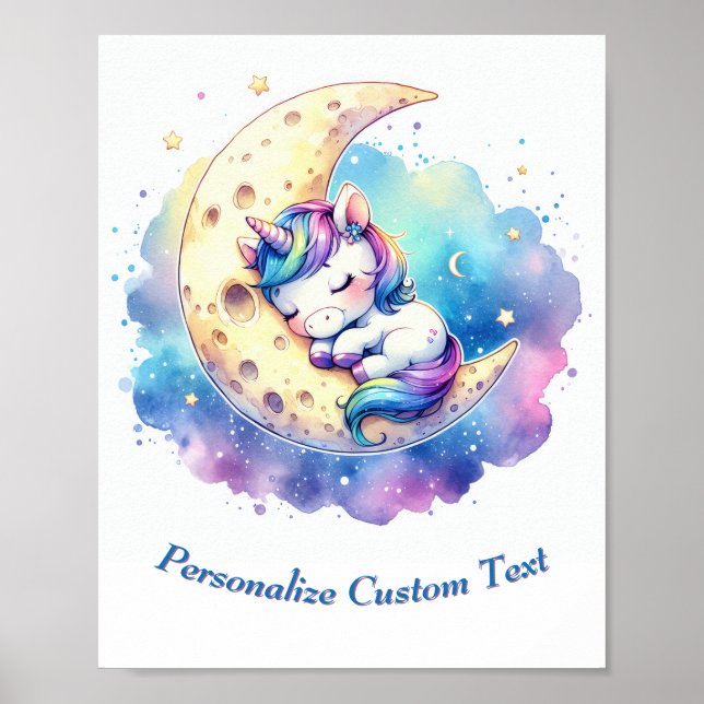 Personlig Cute Baby Unicorn Spipande vid Måne Poster (Framsidan)