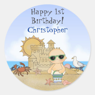 Personlig Cute Beach Pojke 1st Birthday Runt Klistermärke