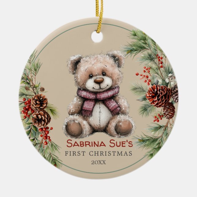 Personlig Cute Bear Baby Första jul Julgransprydnad Keramik (Framsidan)