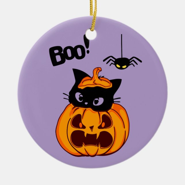Personlig Cute Black Cat i Jack O'Lantern Boo Julgransprydnad Keramik (Framsidan)