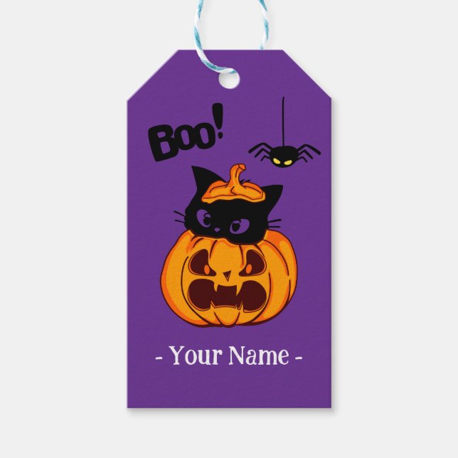 Personlig Cute Black Cat i Jack O'Lantern Boo Presentetikett (Framsidan)