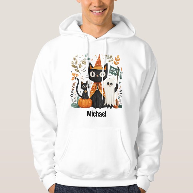 Personlig Cute Black Cat och Ghost Halloween Hoodie (Framsida)