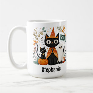 Personlig Cute Black Cat och Ghost Halloween Kaffemugg