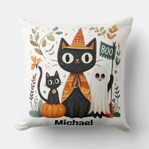 Personlig Cute Black Cat och Ghost Halloween Kudde