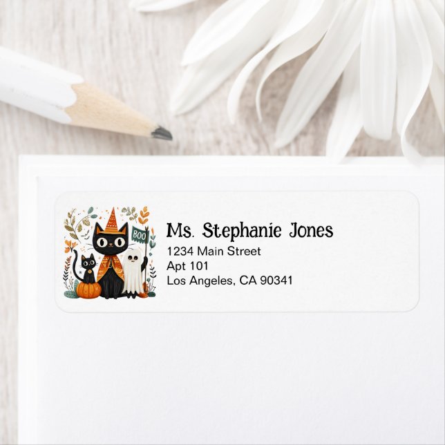 Personlig Cute Black Cat och Ghost Halloween Returadress Etikett (Insitu)