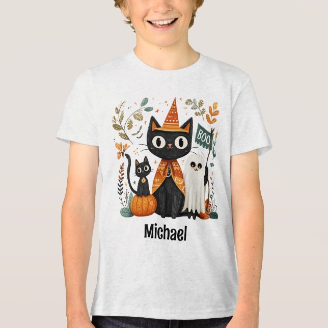 Personlig Cute Black Cat och Ghost Halloween T Shirt (Framsida)