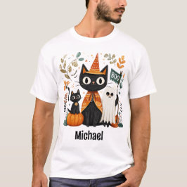 Personlig Cute Black Cat och Ghost Halloween T Shirt