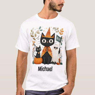 Personlig Cute Black Cat och Ghost Halloween T Shirt
