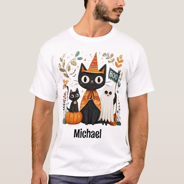 Personlig Cute Black Cat och Ghost Halloween T Shirt (Framsida)