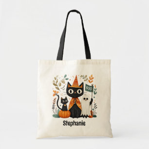 Personlig Cute Black Cat och Ghost Halloween Tygkasse