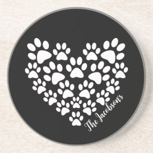 Personlig Cute Black White Paw Print Heart Underlägg