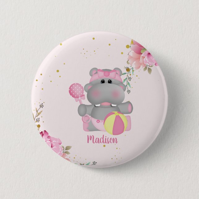 Personlig Cute Blommigt Hippo Baby Shower-knapp Knapp (Framsida)