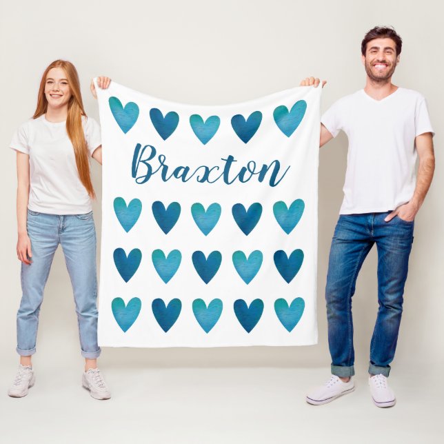 Personlig Cute Blue Hearts Valentines day Fleecefilt (På plats)