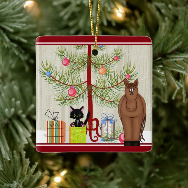 Personlig Cute Brown Horse och Kitten jul Julgransprydnad Keramik (Träd)