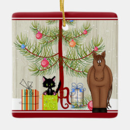 Personlig Cute Brown Horse och Kitten jul Julgransprydnad Keramik